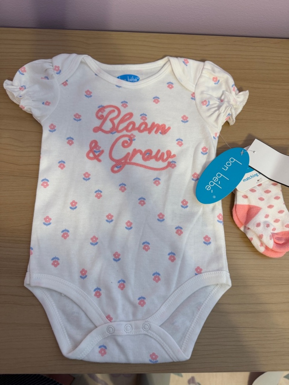 Bon Bebe White Onesie with Pink & Blue Floral Print - "Bloom & Grow"